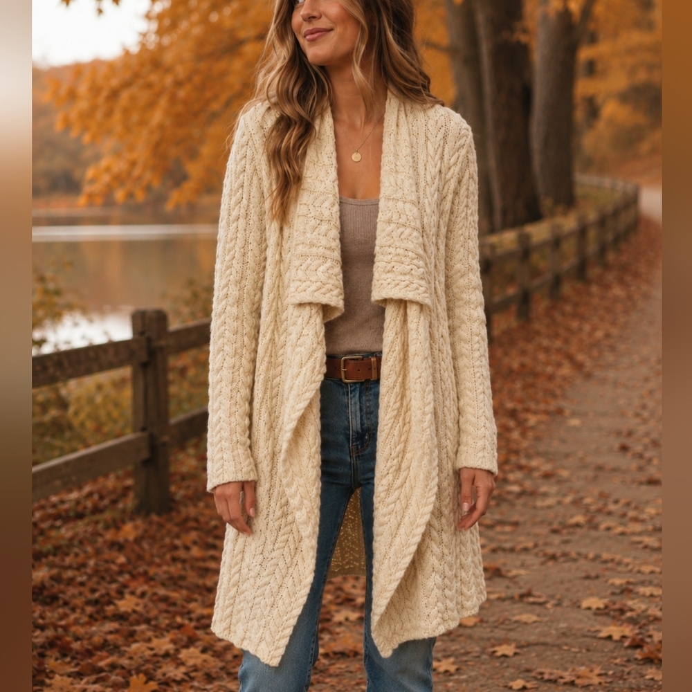 IrelandsEye Cream Cable Knit Open Cardigan Sweater Medium 100% Virgin Wool